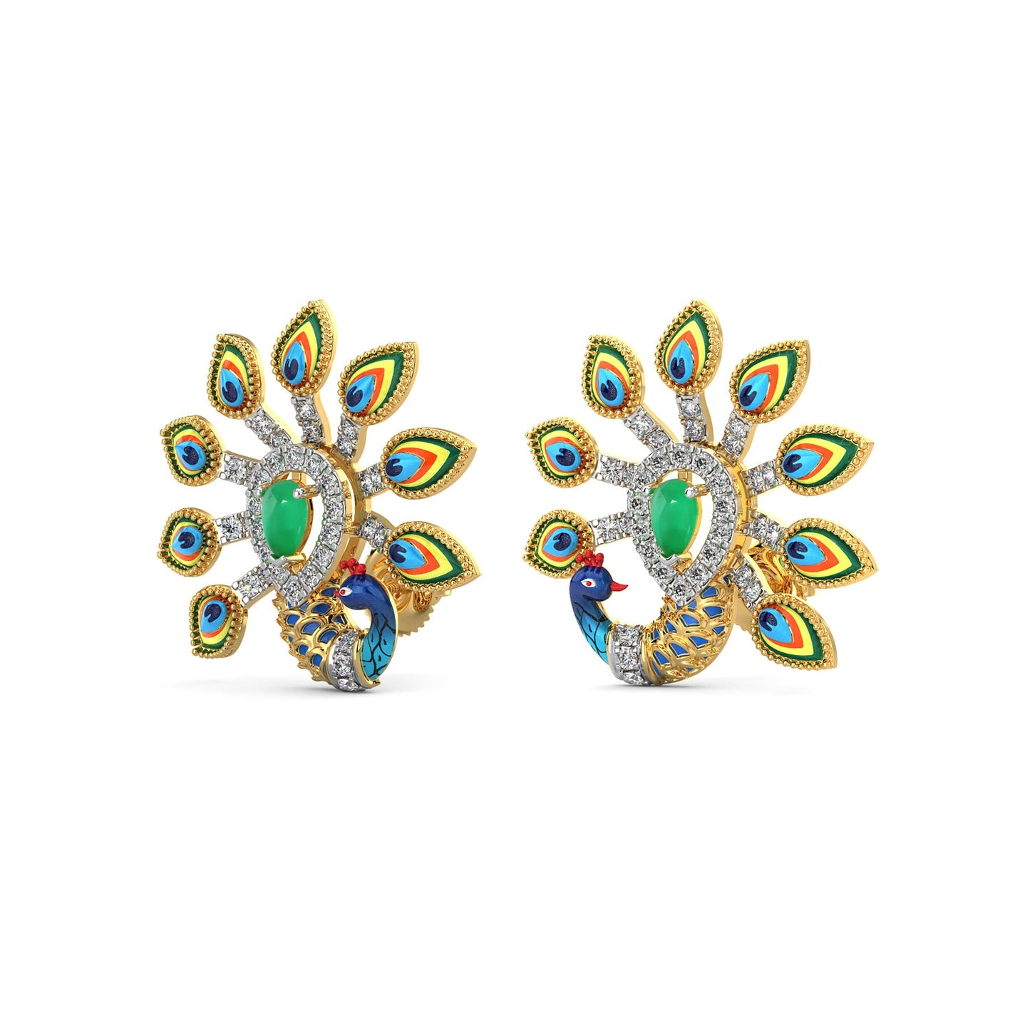 Rainbow Feather Peacock Earrings-Yellow Gold