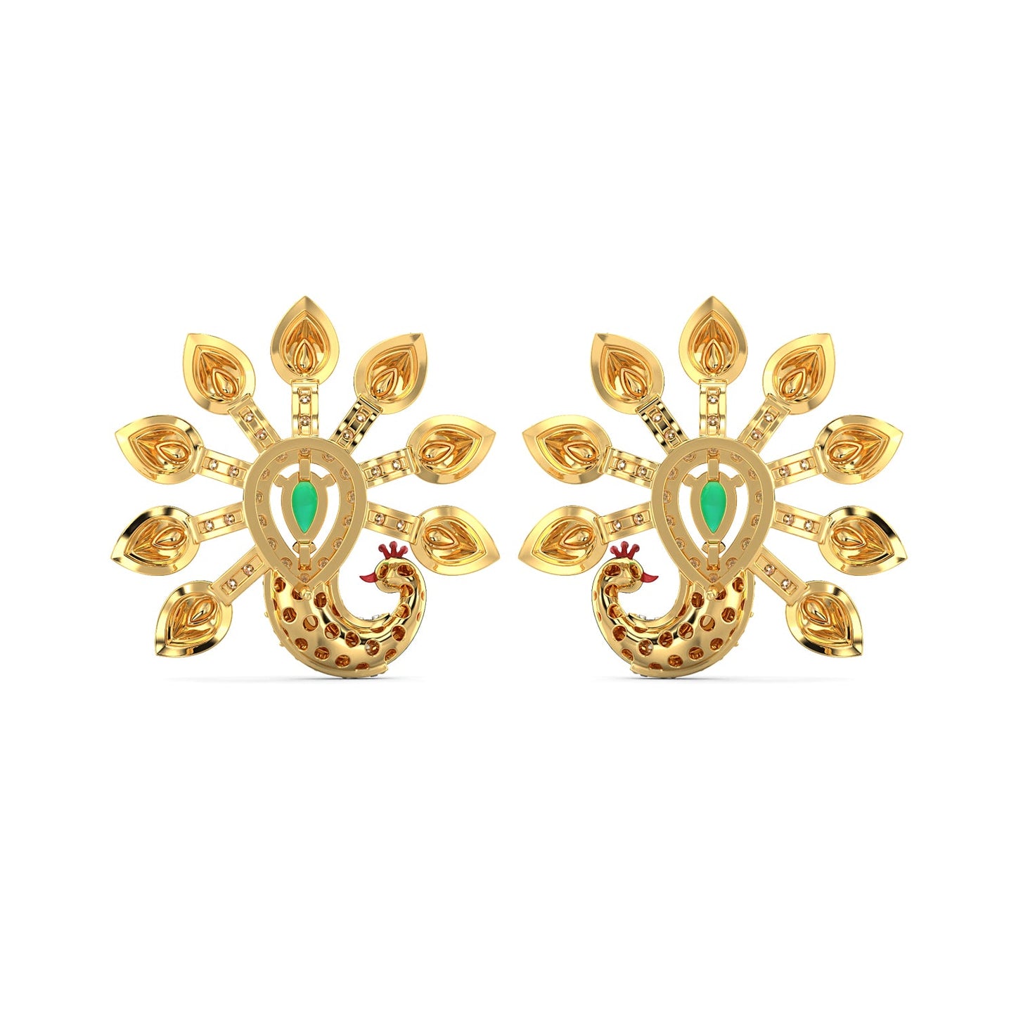 Rainbow Feather Peacock Earrings-Yellow Gold