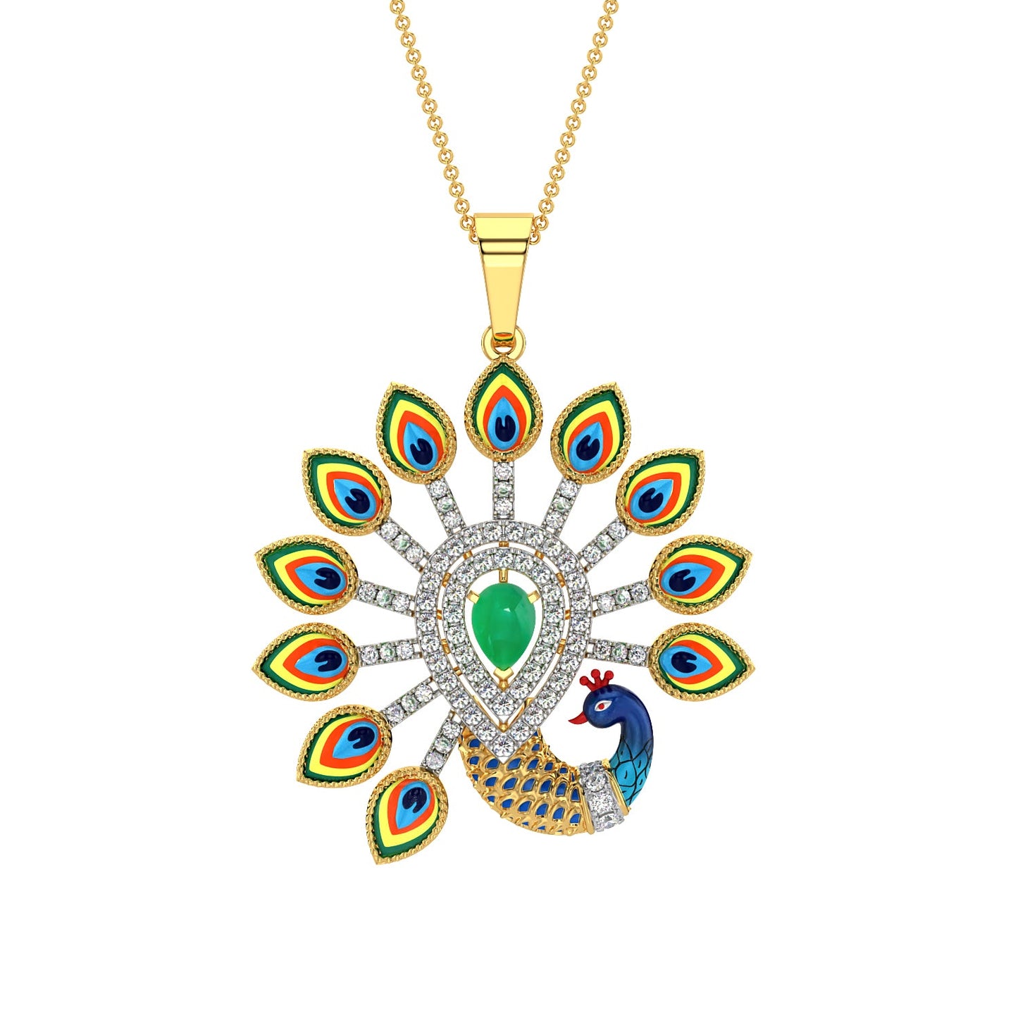 Rainbow Feather Peacock Pendant-Yellow Gold