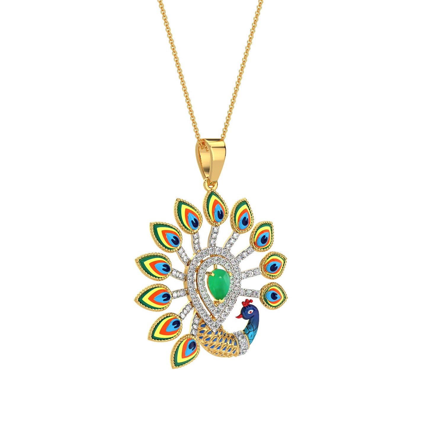Rainbow Feather Peacock Pendant-Yellow Gold