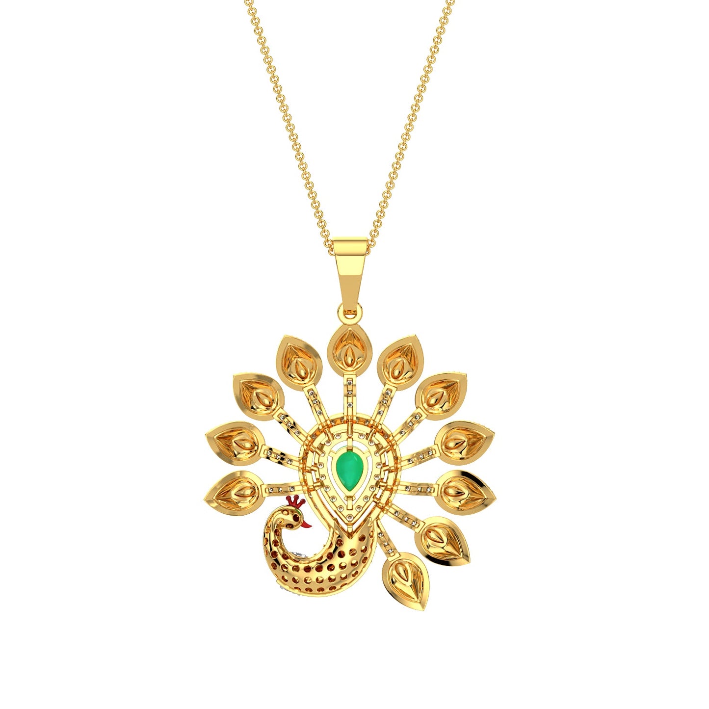 Rainbow Feather Peacock Pendant-Yellow Gold