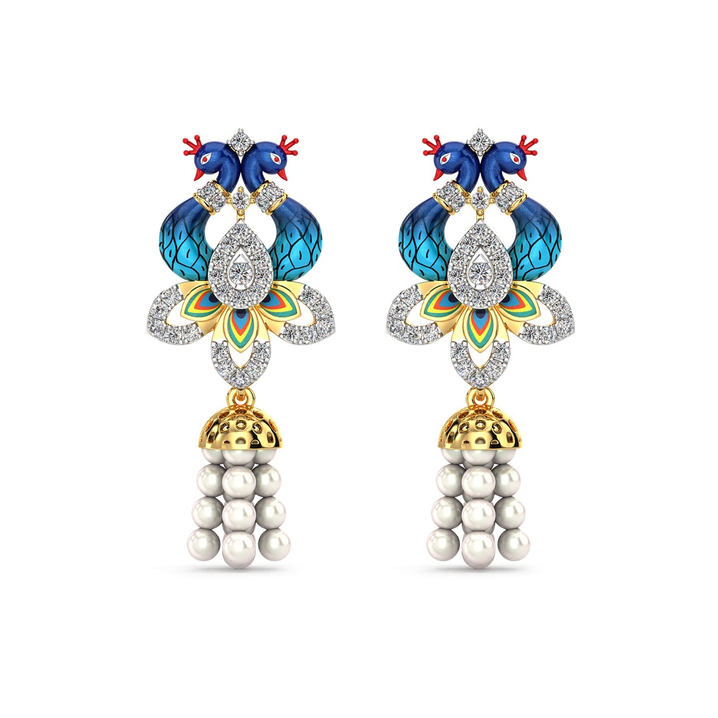 Pearl Cascade Peacock Earrings-Yellow Gold