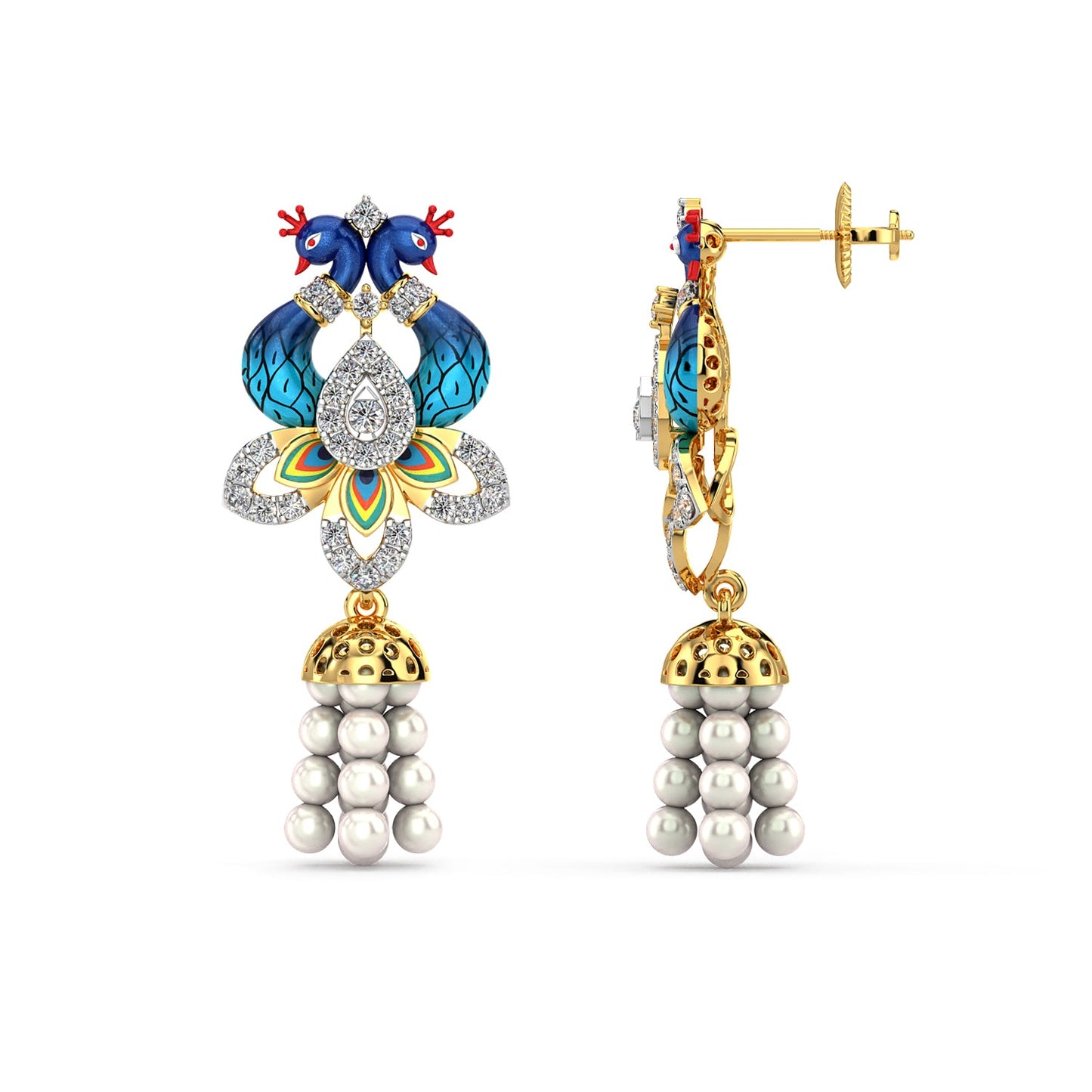 Pearl Cascade Peacock Earrings-Yellow Gold