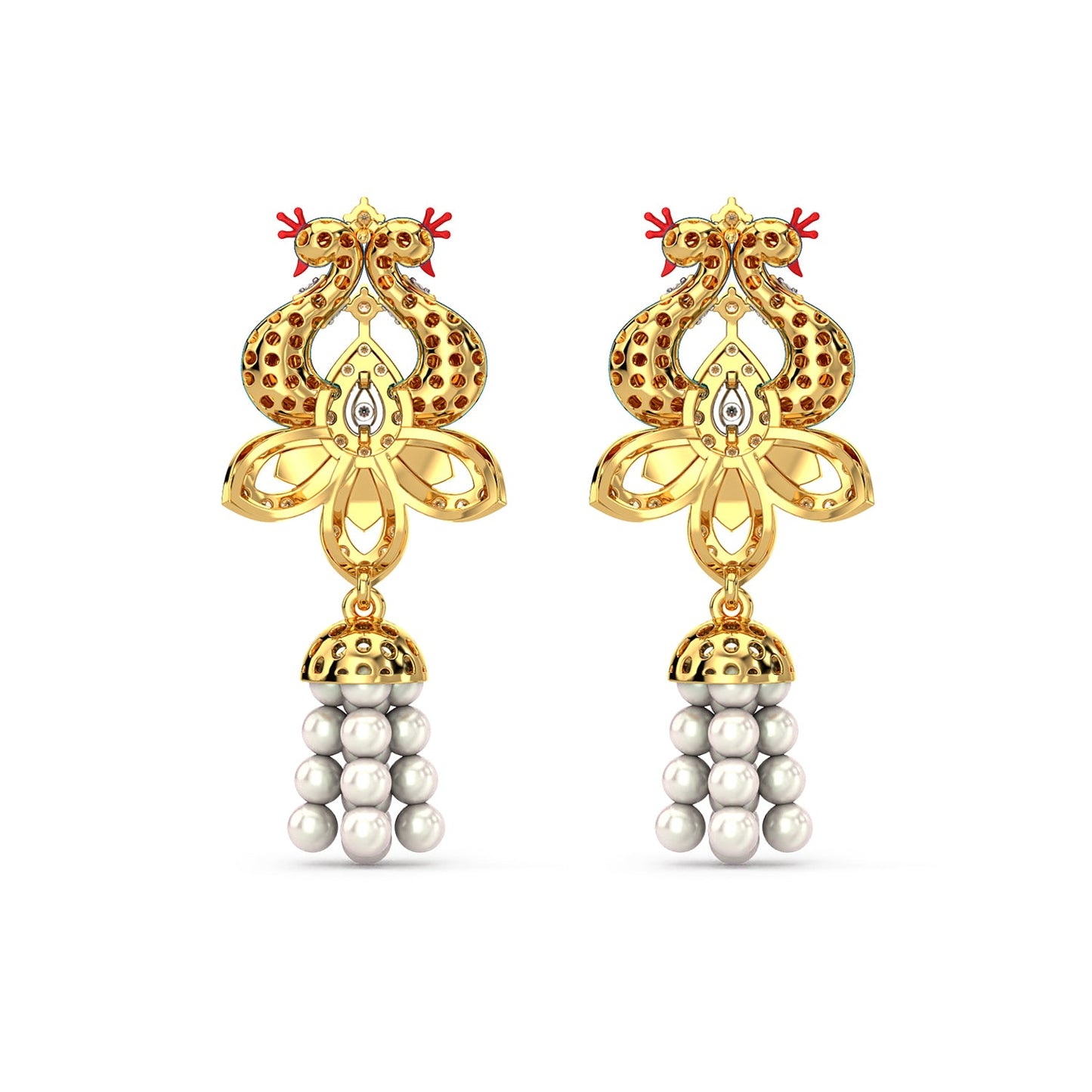 Pearl Cascade Peacock Earrings-Yellow Gold