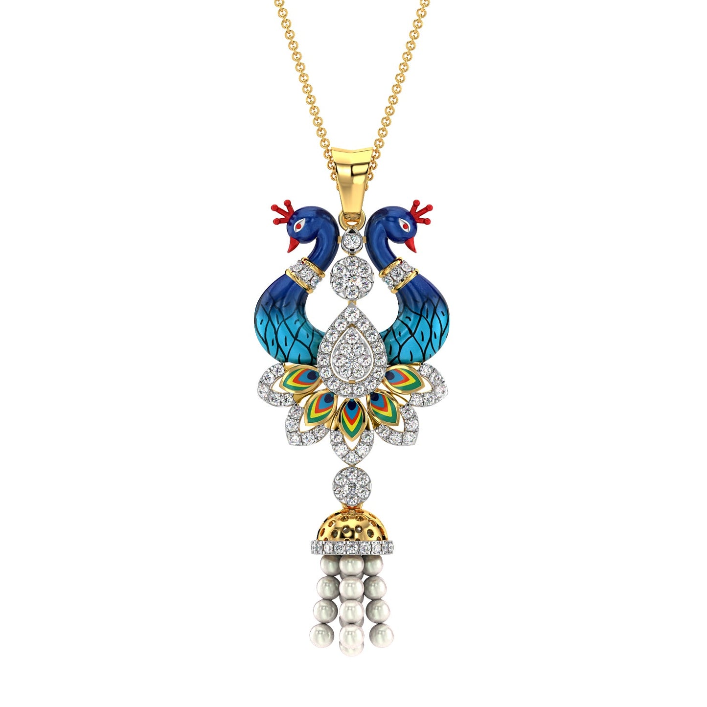 Pearl Cascade Peacock pendant-Yellow Gold