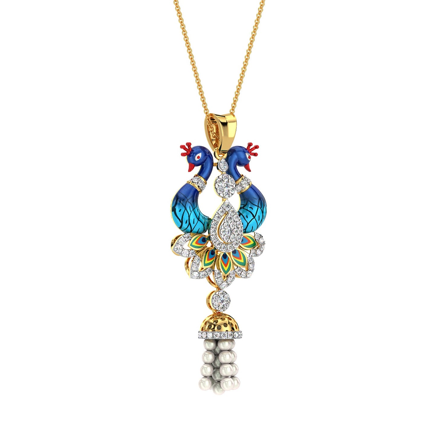 Pearl Cascade Peacock pendant-Yellow Gold
