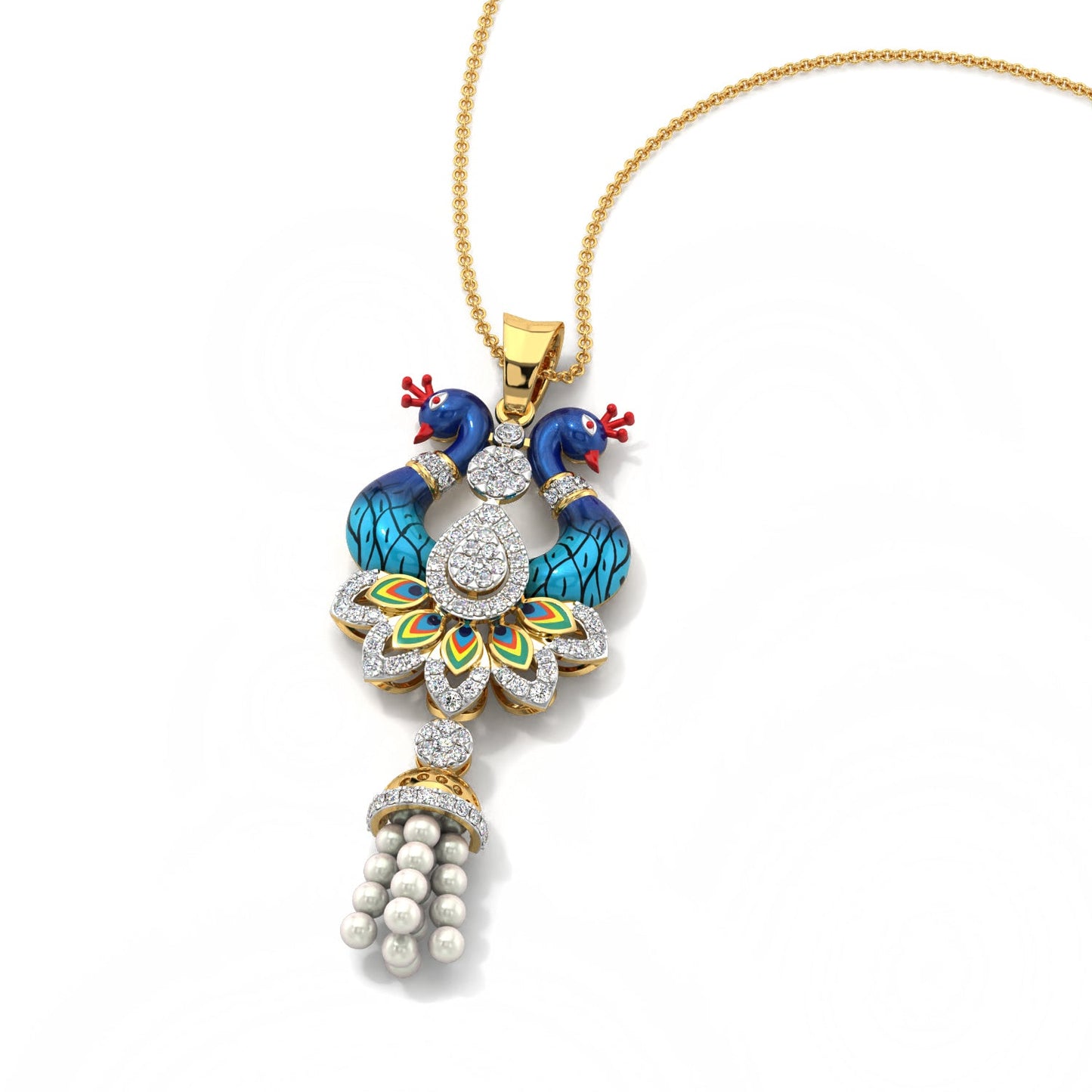 Pearl Cascade Peacock pendant-Yellow Gold