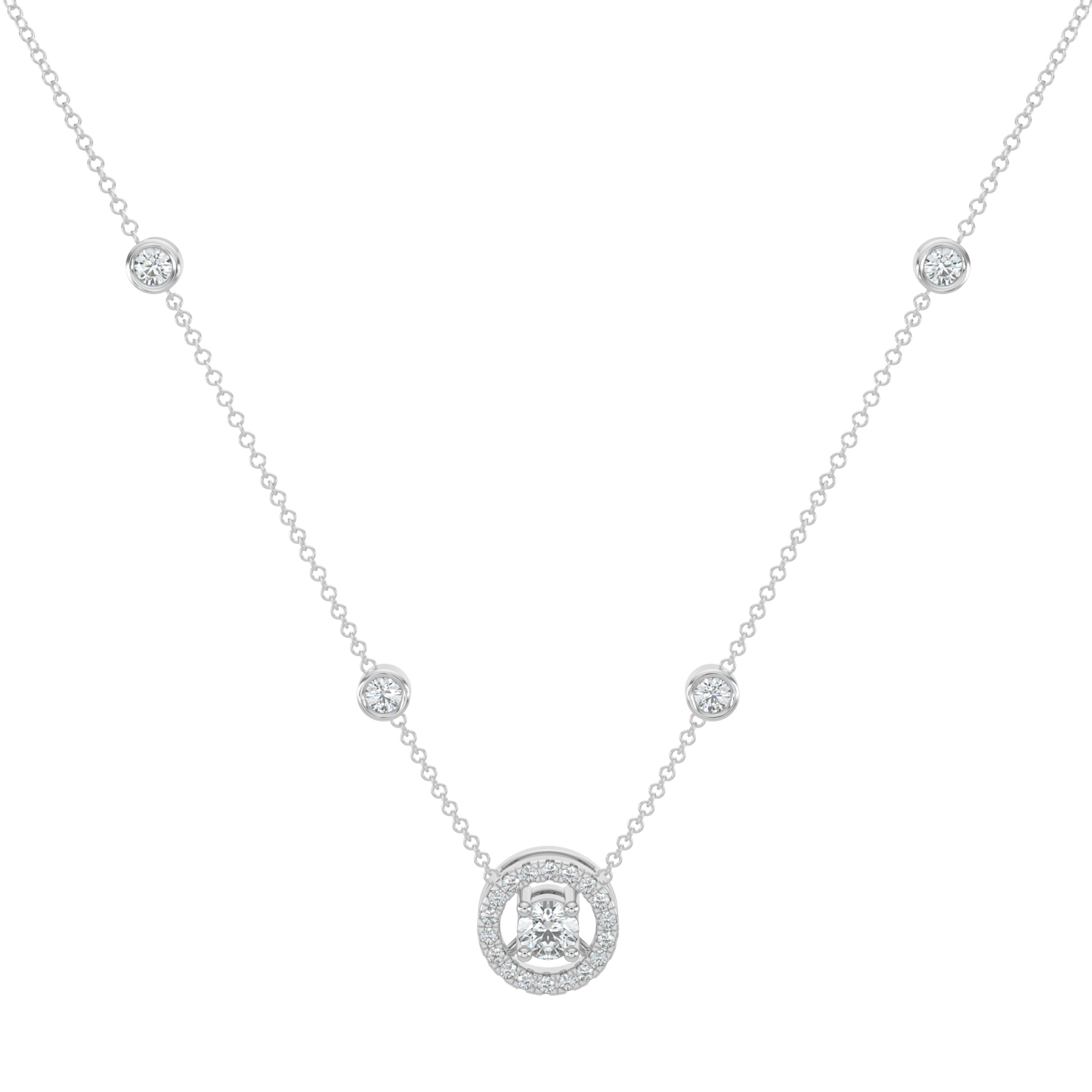 Round Halo Solitaire Chain Necklace-White Gold
