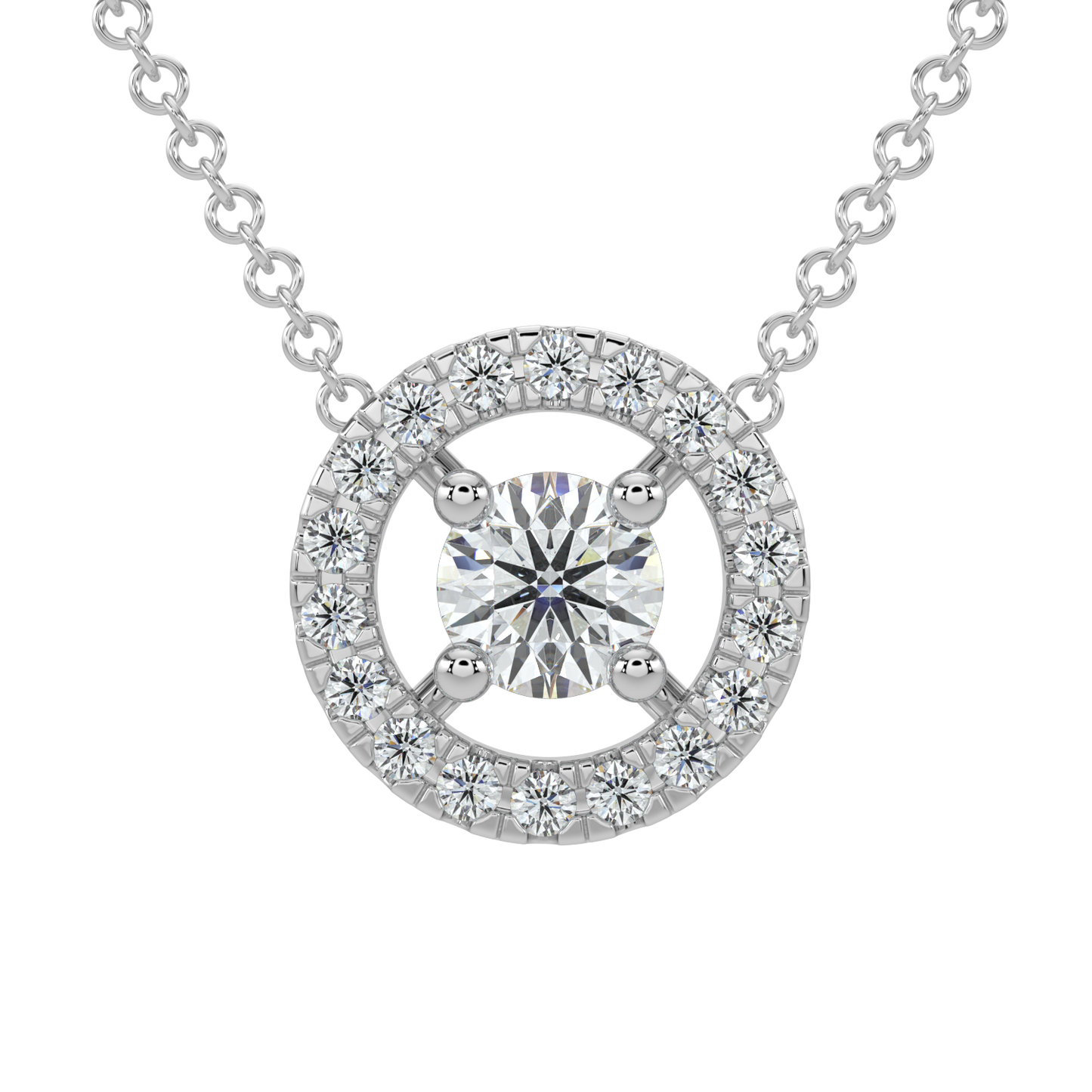 Round Halo Solitaire Chain Necklace-White Gold