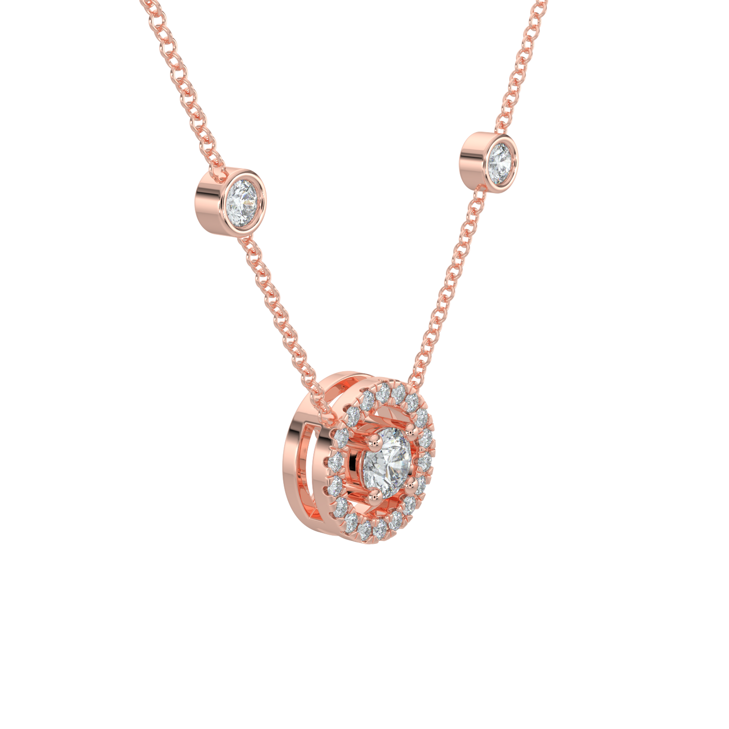 Round Halo Solitaire Chain Necklace-Rose Gold
