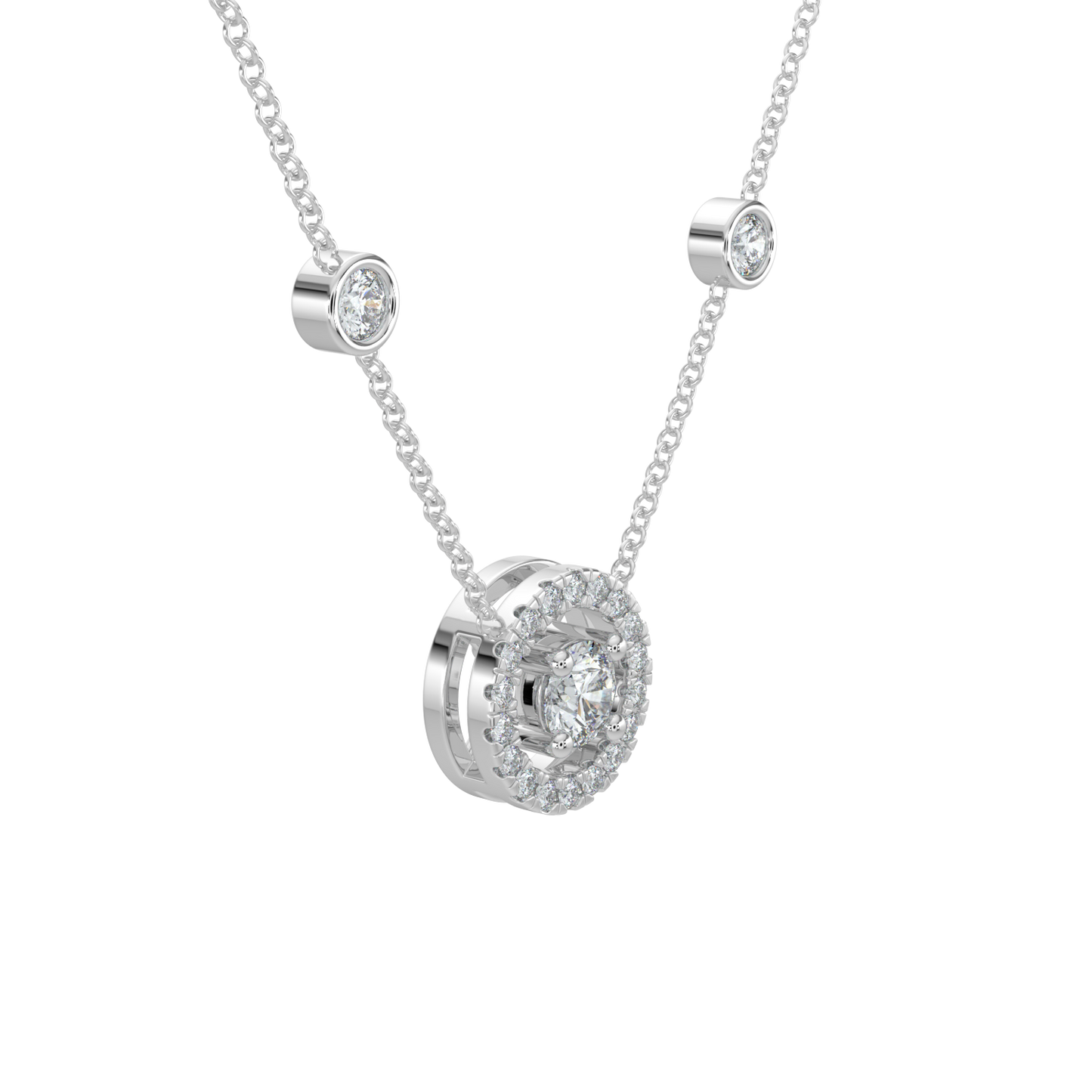 Round Halo Solitaire Chain Necklace-White Gold