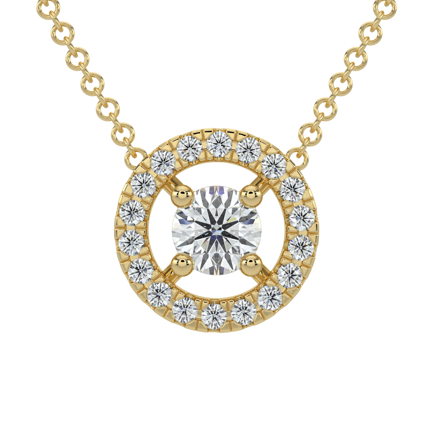 Round Halo Solitaire Chain Necklace-Yellow Gold