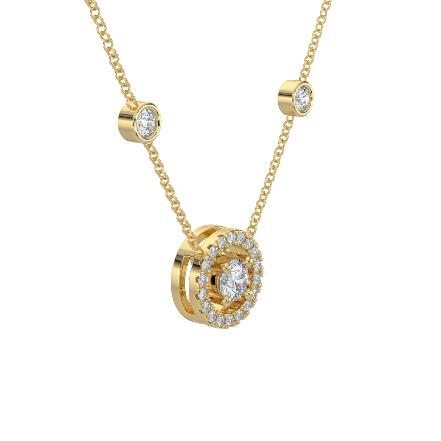 Round Halo Solitaire Chain Necklace-Yellow Gold