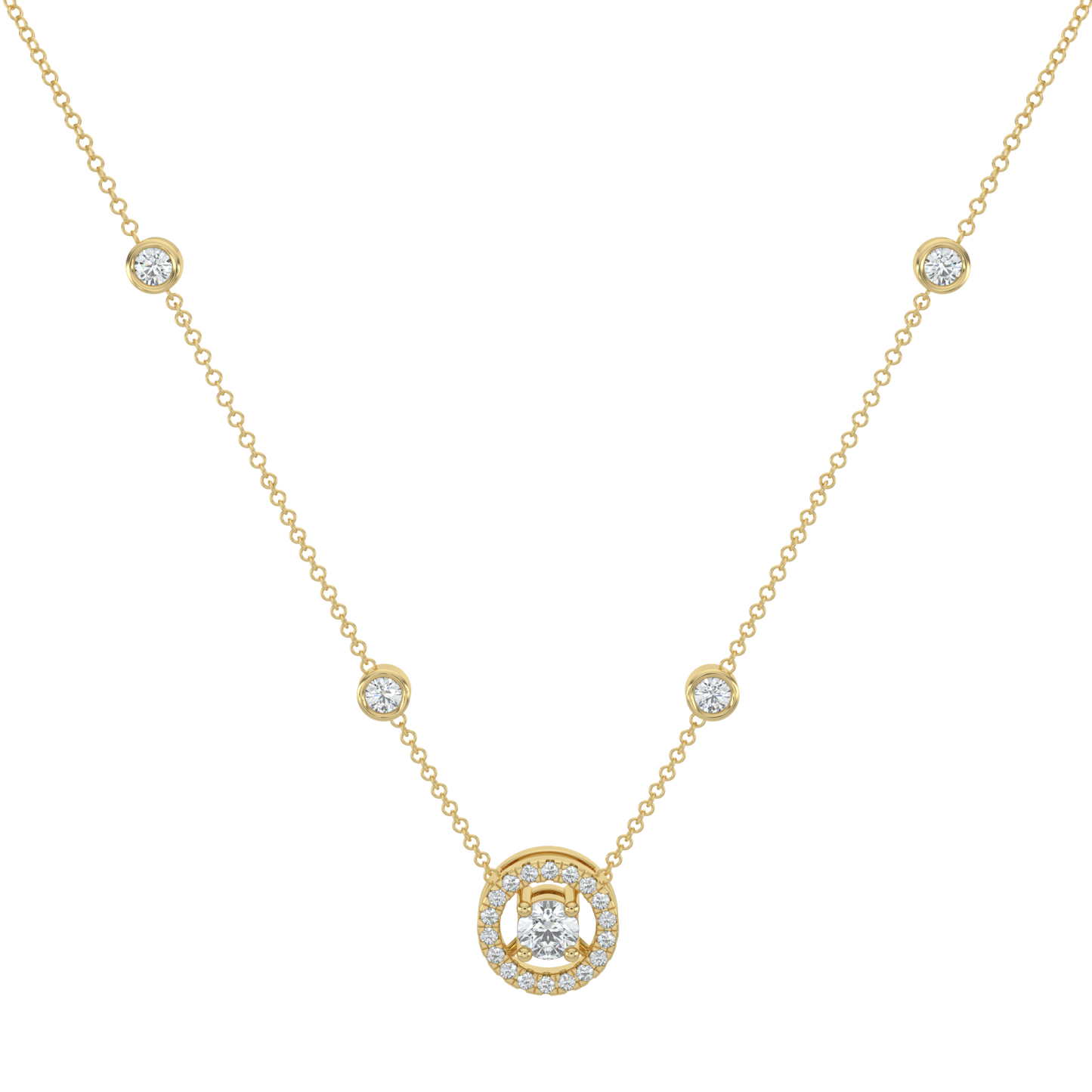 Round Halo Solitaire Chain Necklace-Yellow Gold