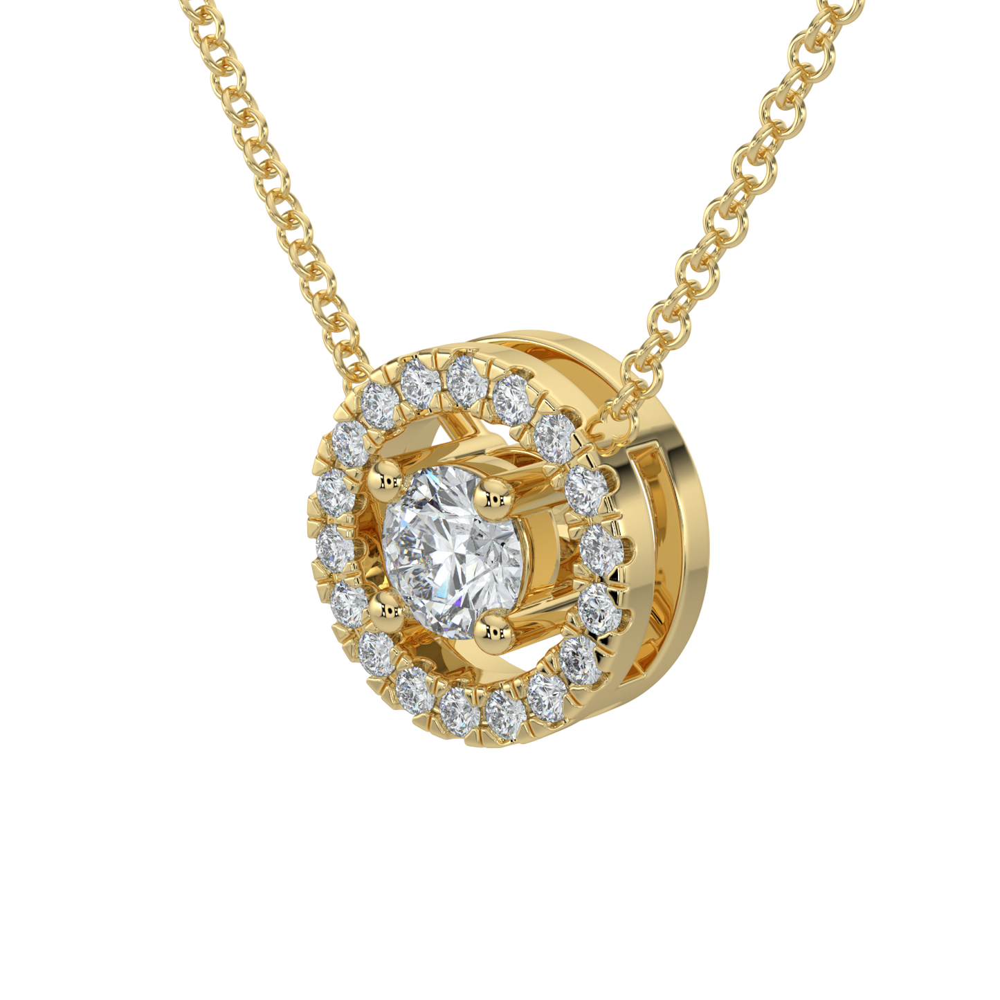 Round Halo Solitaire Chain Necklace-Yellow Gold