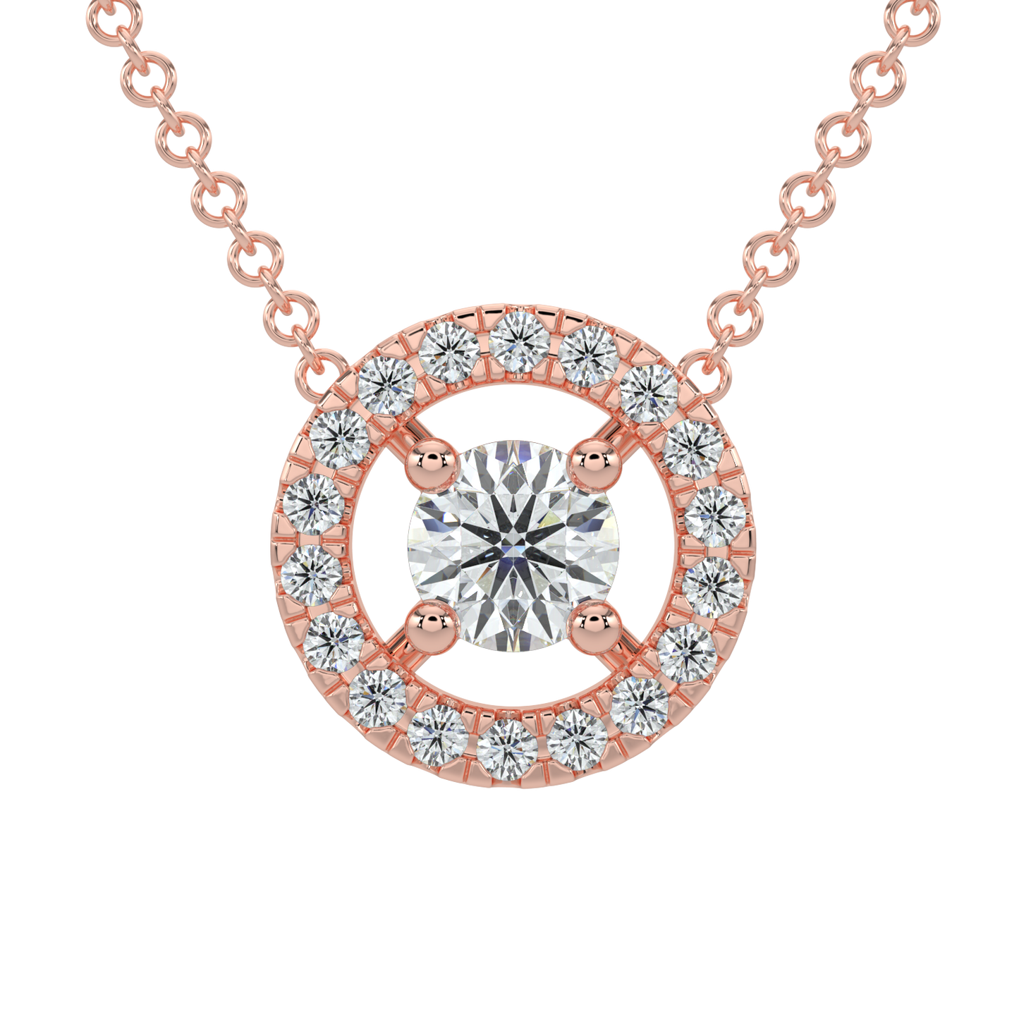 Round Halo Solitaire Chain Necklace-Rose Gold