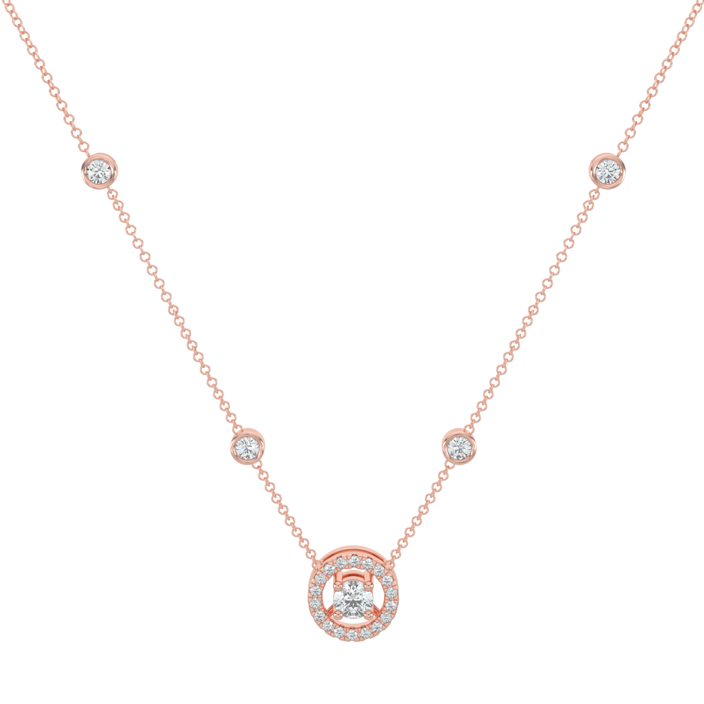 Round Halo Solitaire Chain Necklace-Rose Gold