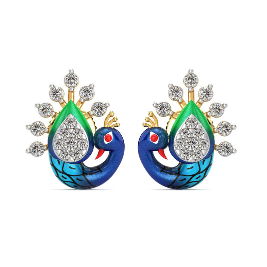 Fancy Feather Peacock Earrings-Yellow Gold