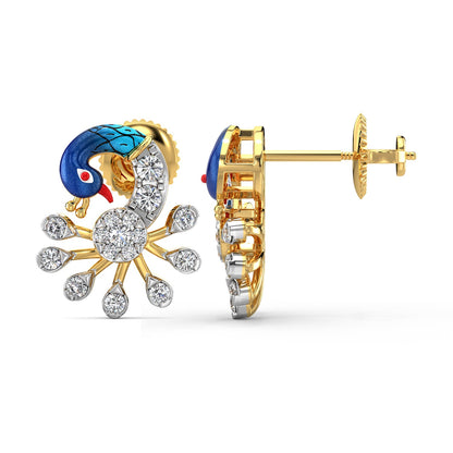 Fantasy Peacock Earrings-Yellow Gold