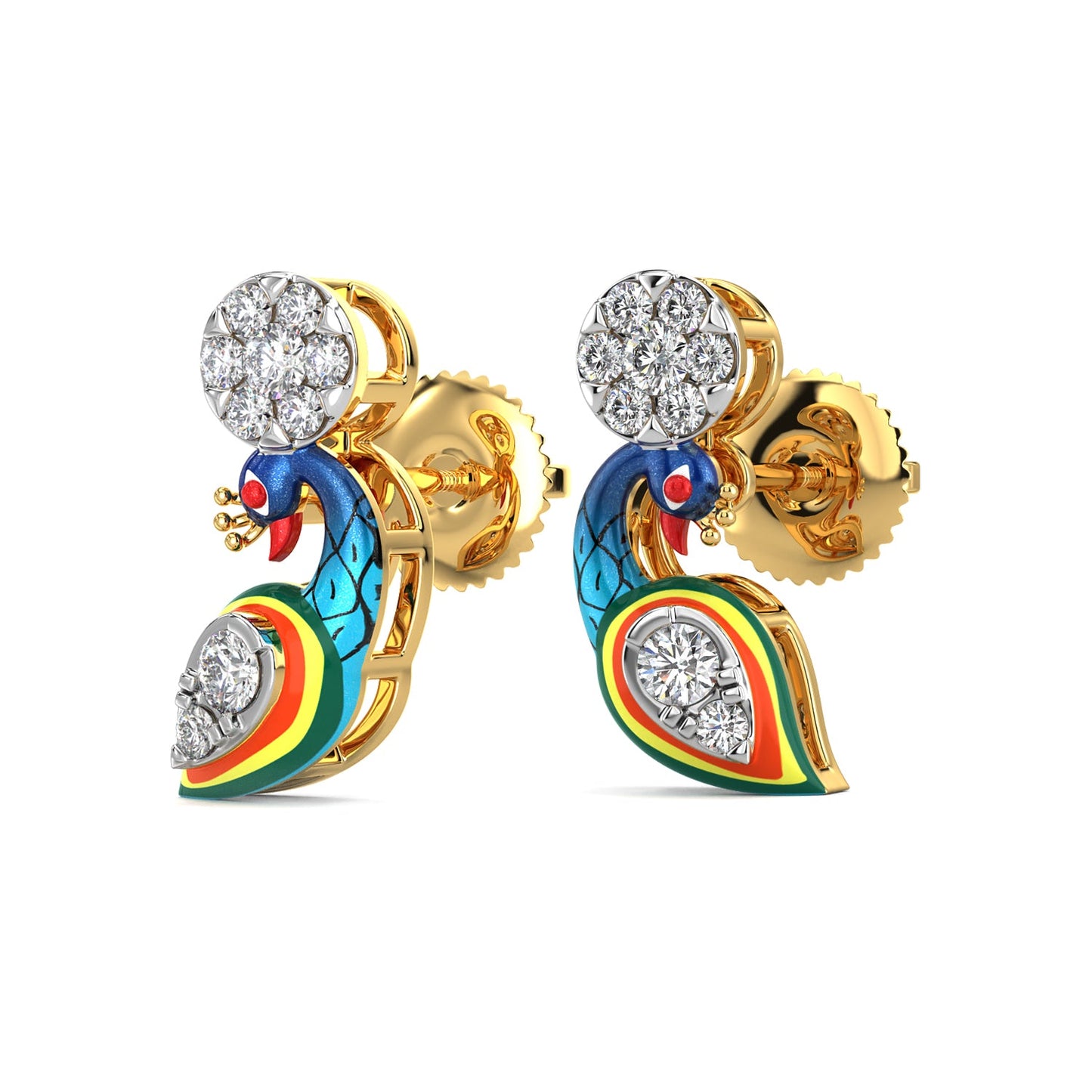 Playful Peacock Earrings-Yellow Gold