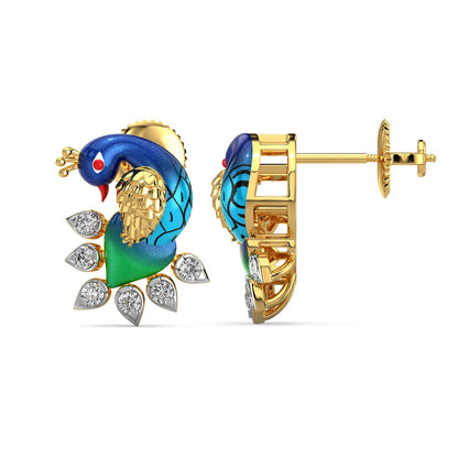 Whistling Peacock Earrings-Yellow Gold