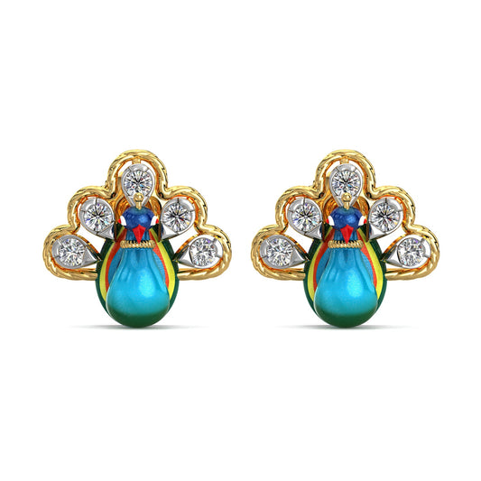 Sparkling Feather Peacock Earrings-Yellow Gold