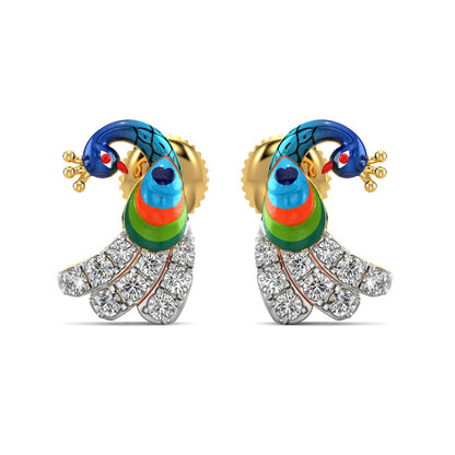 Vibrant Peacock Earrings-Yellow Gold