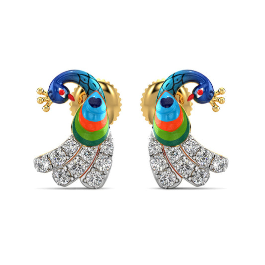 Vibrant Peacock Earrings-Yellow Gold