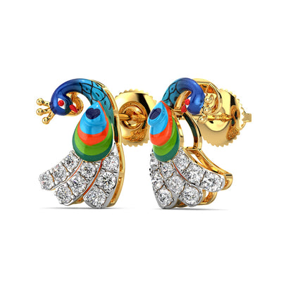 Vibrant Peacock Earrings-Yellow Gold