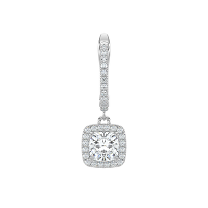 Cushion Halo Solitaire Dangle Earrings-White Gold