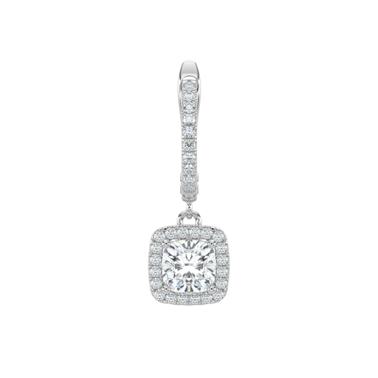 Cushion Halo Solitaire Dangle Earrings-White Gold