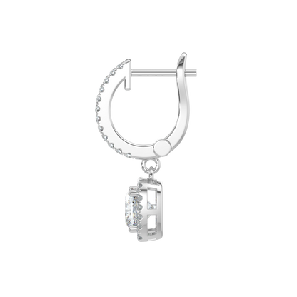 Cushion Halo Solitaire Dangle Earrings-White Gold