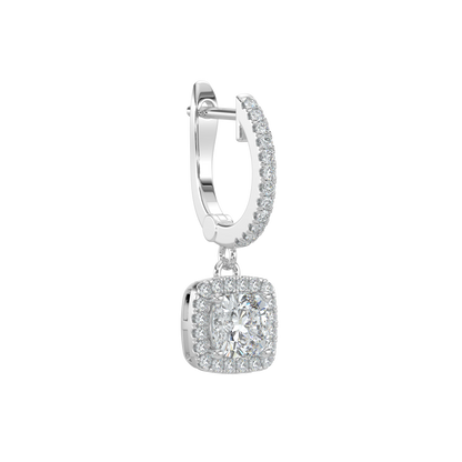 Cushion Halo Solitaire Dangle Earrings-White Gold