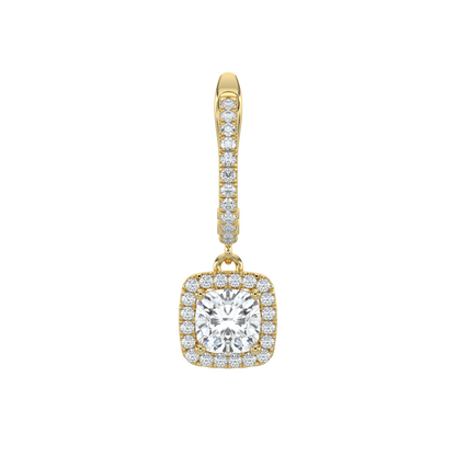 Cushion Halo Solitaire Dangle Earrings-Yellow Gold