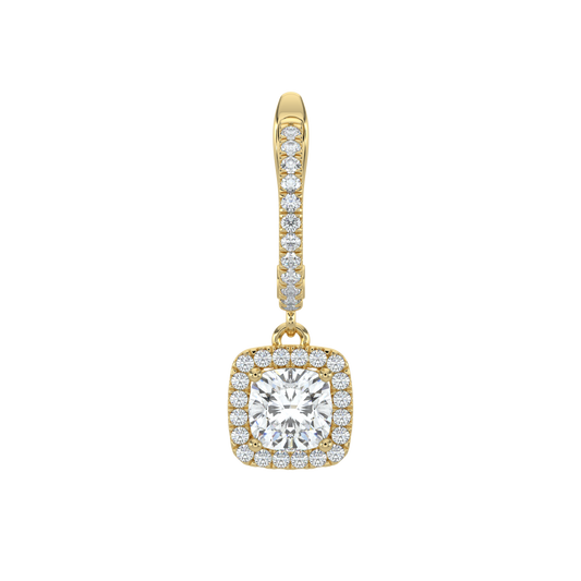 Cushion Halo Solitaire Dangle Earrings-Yellow Gold