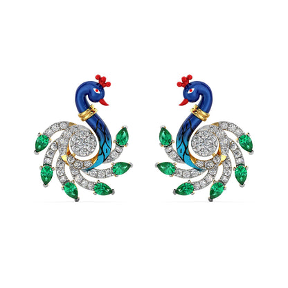 Emerald Crested Peacock Earrings-Yellow Gold