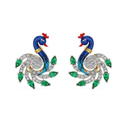 Emerald Crested Peacock Earrings-Yellow Gold