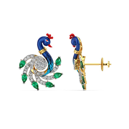 Emerald Crested Peacock Earrings-Yellow Gold