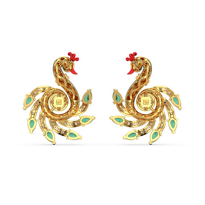 Emerald Crested Peacock Earrings-Yellow Gold