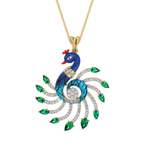 Emerald Crested Peacock Pendant-Yellow Gold