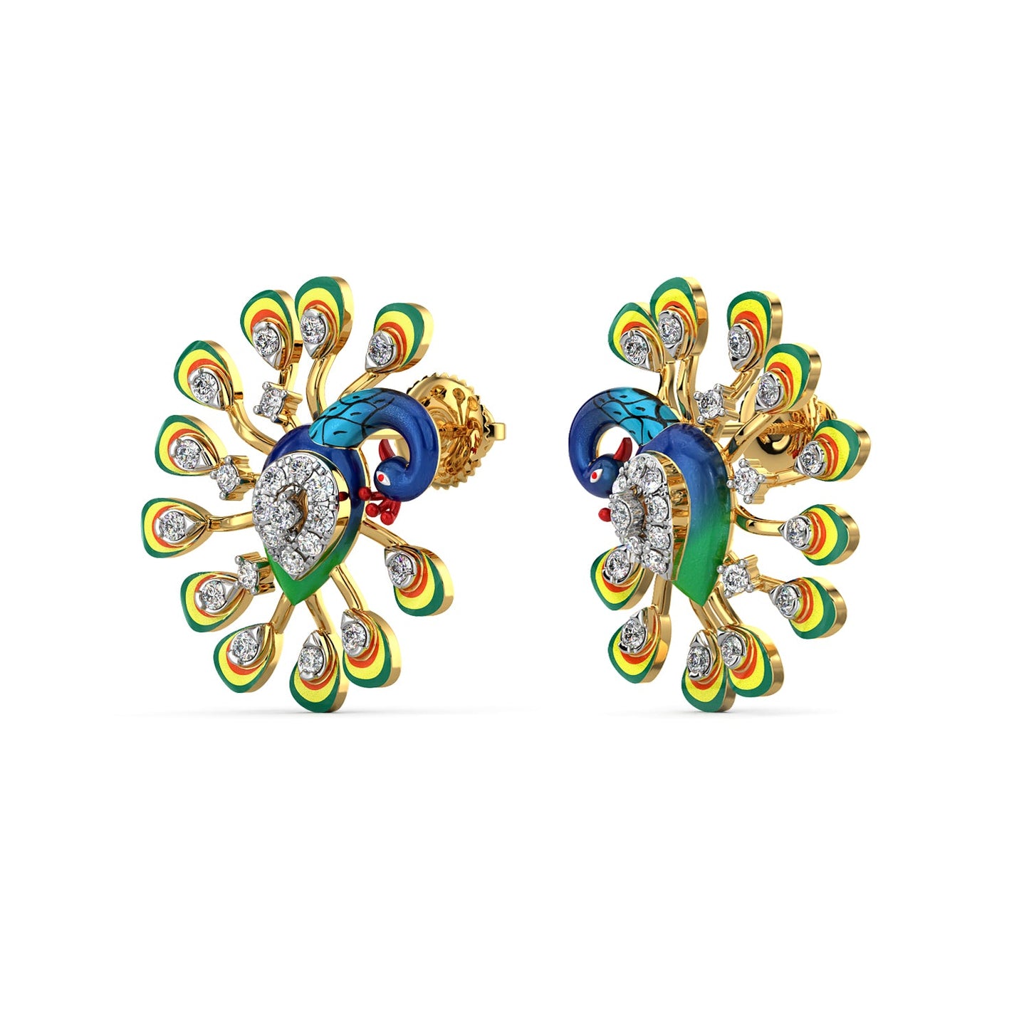 Royal Feather Peacock Earrings-Yellow Gold