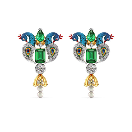 Radiant Peacock Gemstone Earrings-Yellow Gold