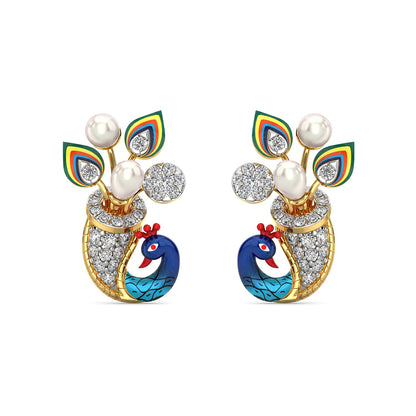 Azure Peacock Diamond Earrings-Yellow Gold