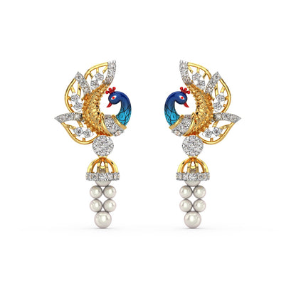 Dangling Pearl Peacock Earring-Yellow Gold