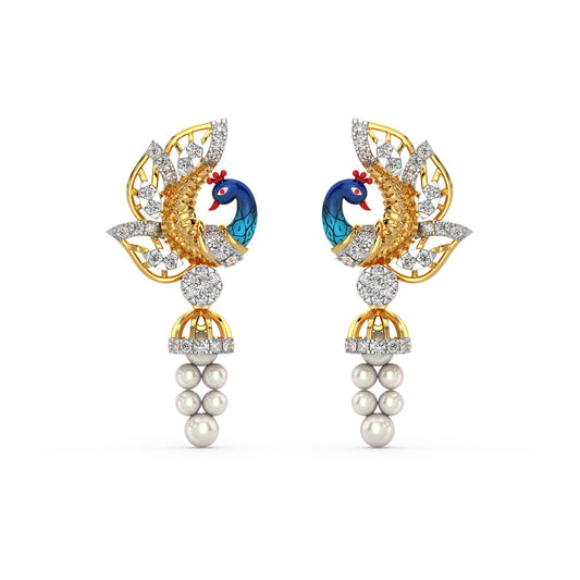 Dangling Pearl Peacock Earring-Yellow Gold