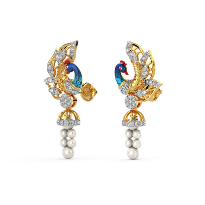 Dangling Pearl Peacock Earring-Yellow Gold
