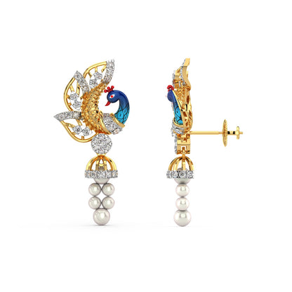 Dangling Pearl Peacock Earring-Yellow Gold