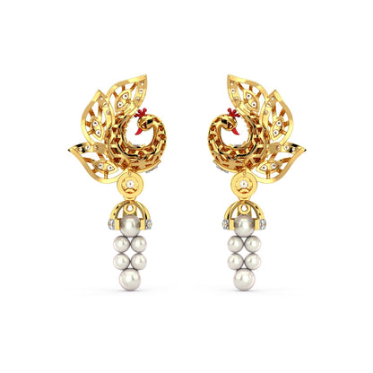 Dangling Pearl Peacock Earring-Yellow Gold