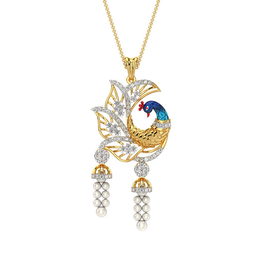 Dangling Pearl Peacock Pendant-Yellow Gold