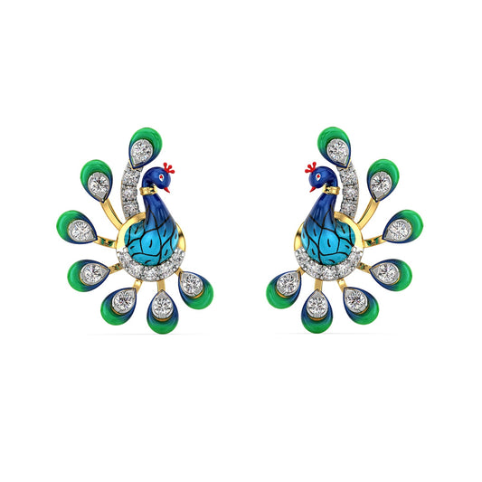 Turquoise Tail Peacock Earrings-Yellow Gold